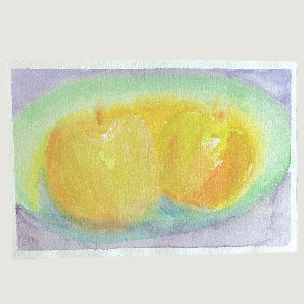 Original Watercolor Still Life Painting Yellow Apples Fruit Art 11x7.5 Unframed